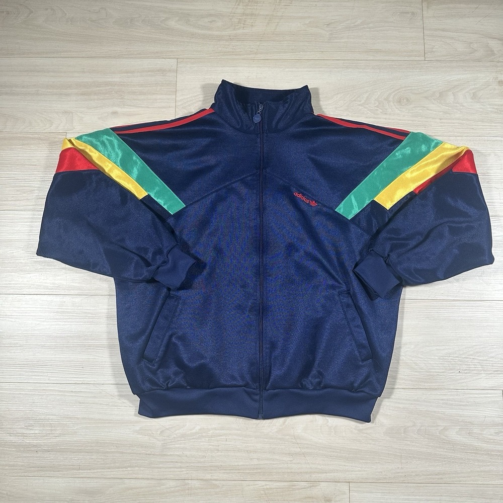 Vintage 80s Adidas Trefoil Jamaica Rasta Bomber Track Jacket Mens XL Navy Rare